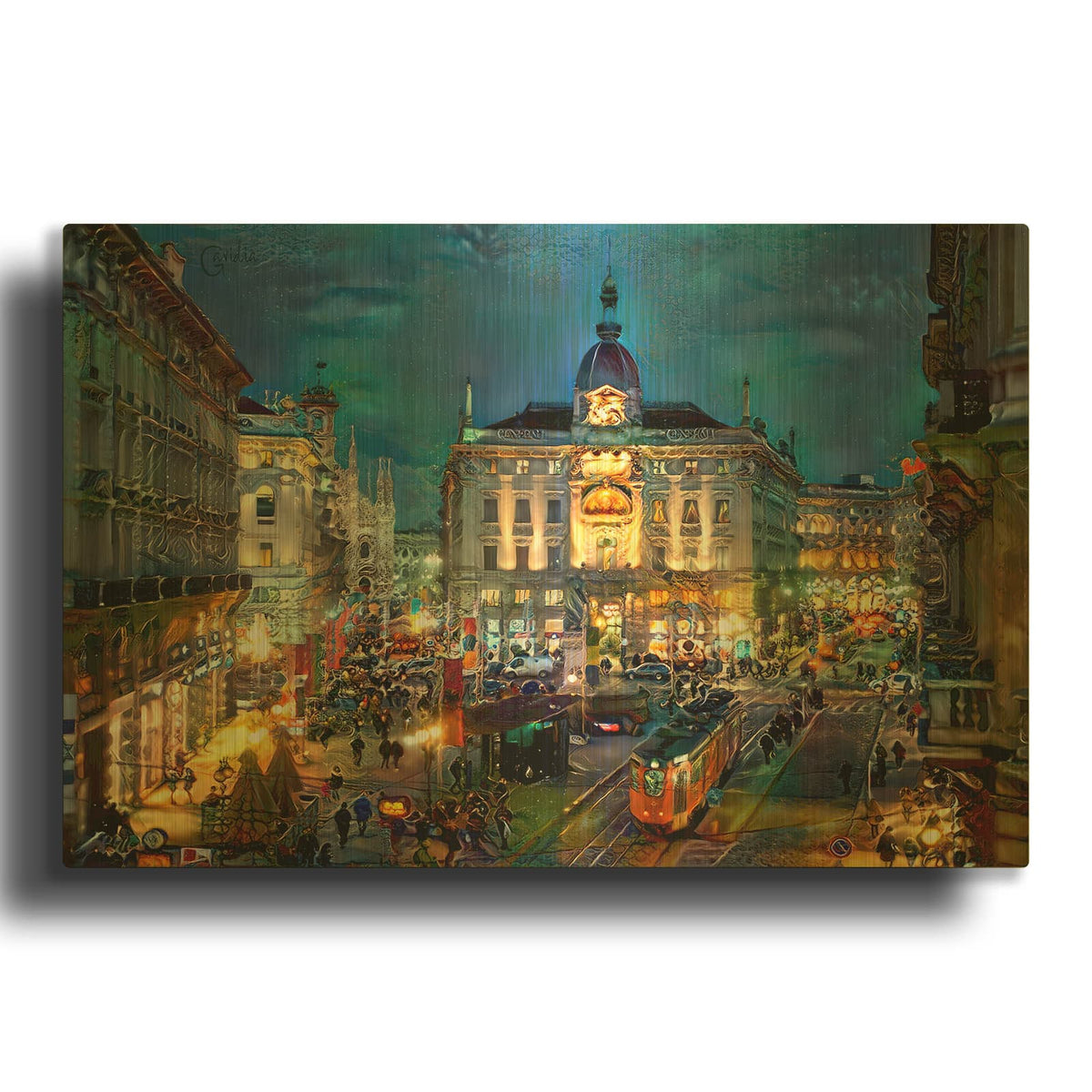 'Milan Italy Piazza Cardusio Night' By Pedro Gavidia Gold Metal Wall Art