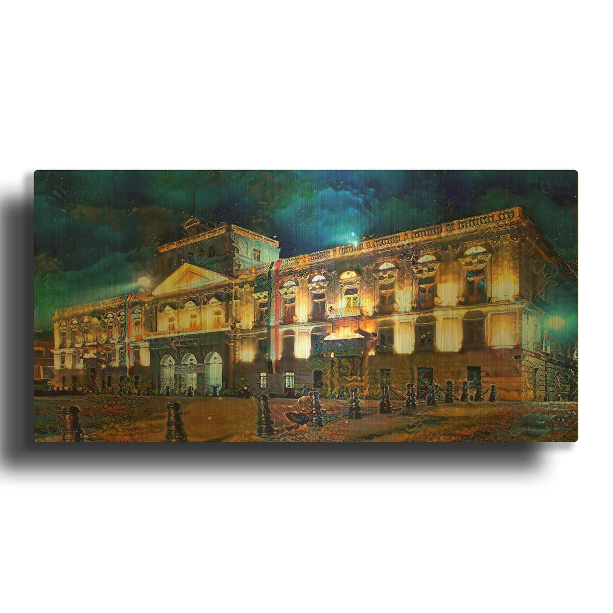 'Mexico City Palace of Mines Night' By Pedro Gavidia Gold Metal Wall Art