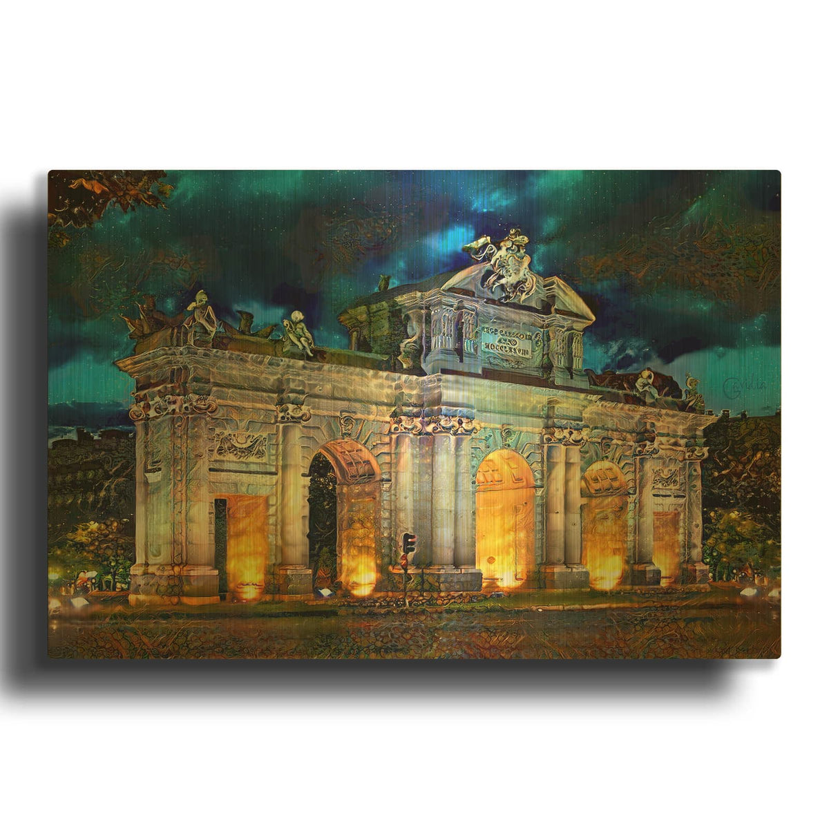 'Madrid Spain Alcala Gate' By Pedro Gavidia Gold Metal Wall Art
