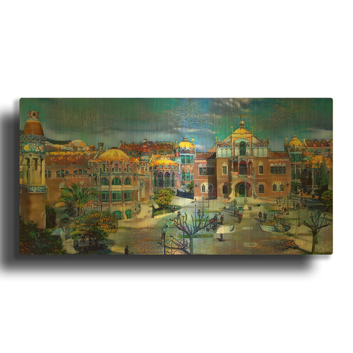'Barcelona Spain Sant Pau Hospital and Palau de la Musica' By Pedro Gavidia Gold Metal Wall Art