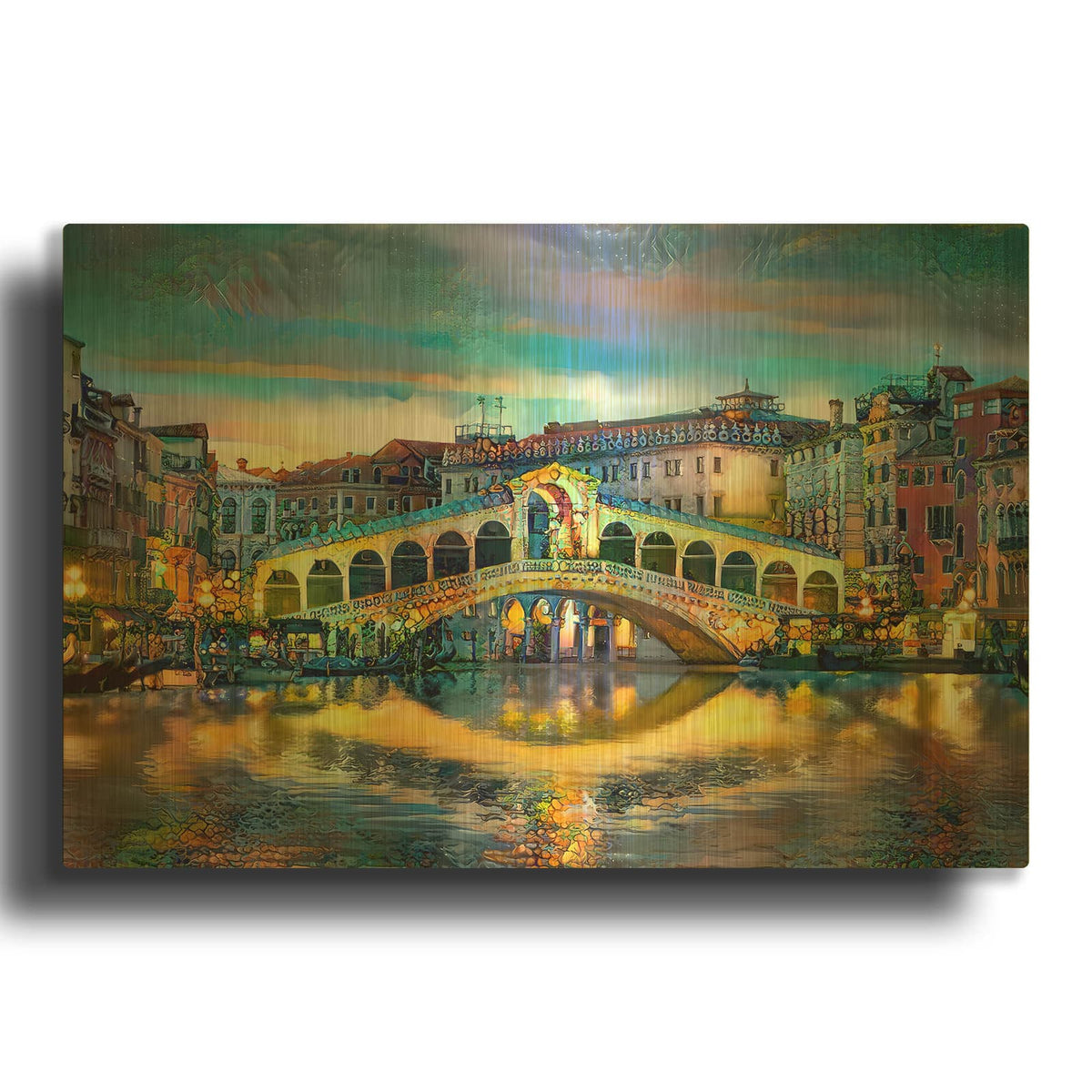 'Venice Italy Rialto Bridge at night' By Pedro Gavidia Gold Metal Wall Art