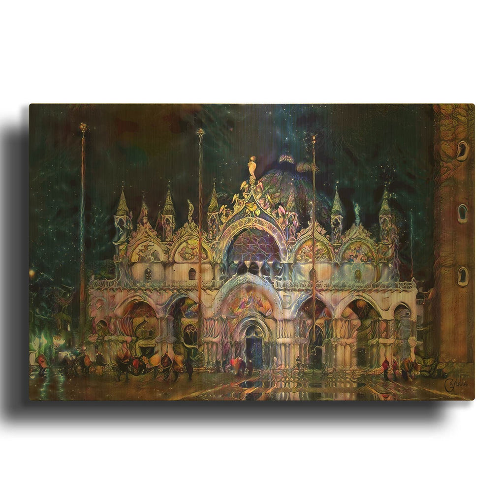 'Venice Italy Patriarchal Cathedral Basilica of Saint Mark at Night' By Pedro Gavidia Gold Metal Wall Art