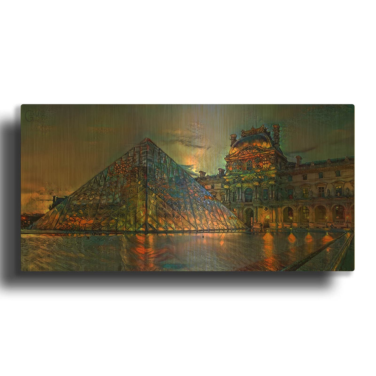 'Paris France Louvre Museum at dusk' By Pedro Gavidia Gold Metal Wall Art