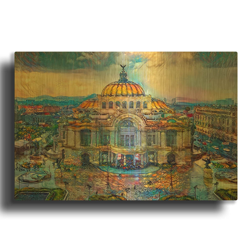 'Mexico City Palace of Fine Arts in the rain' By Pedro Gavidia Gold Metal Wall Art