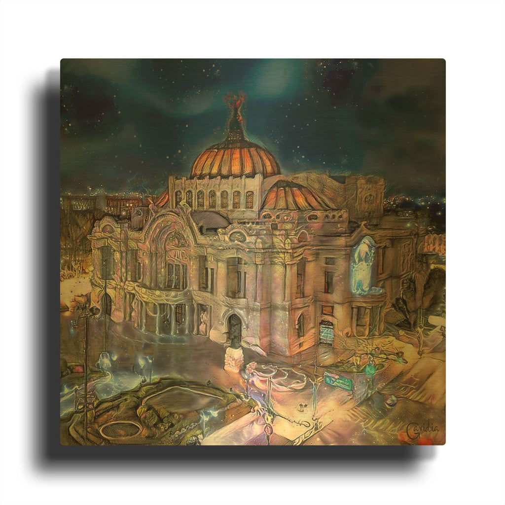 'Mexico City Palace of Fine Arts at night' By Pedro Gavidia Gold Metal Wall Art