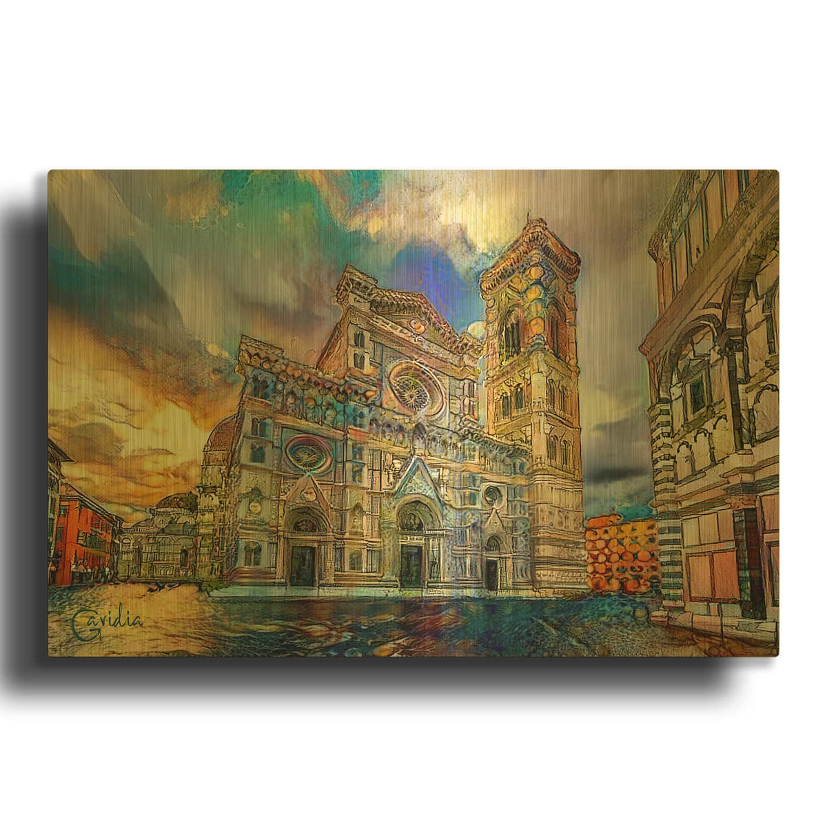 'Florence Italy Cathedral of Saint Mary of the Flower 2' By Pedro Gavidia Gold Metal Wall Art
