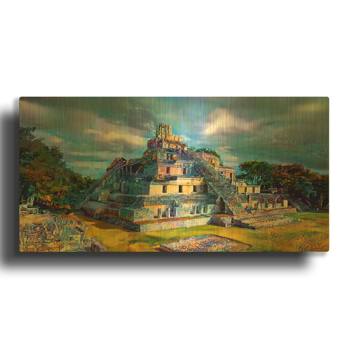 'Campeche Mexico Edzna Pyramid' By Pedro Gavidia Gold Metal Wall Art