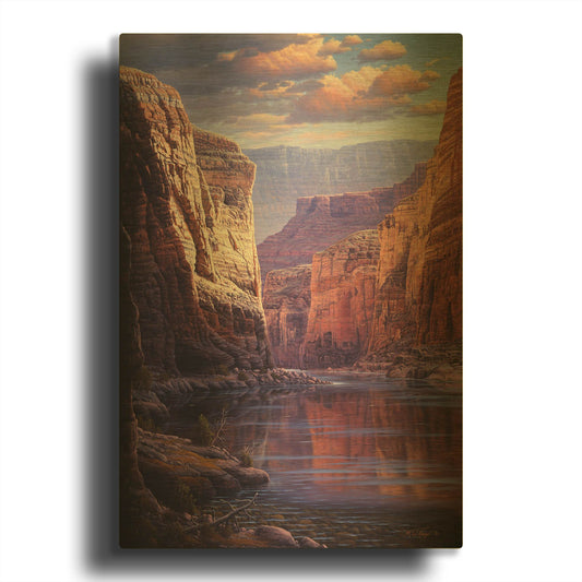 'River Through The Past' By R. Hed Gold Metal Wall Art