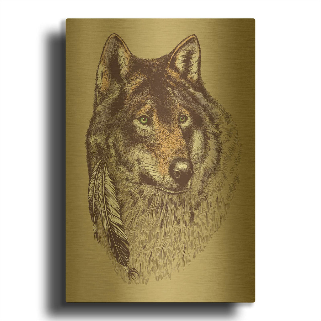 'Wolf and Feathers' By Rachel Caldwell Gold Metal Wall Art