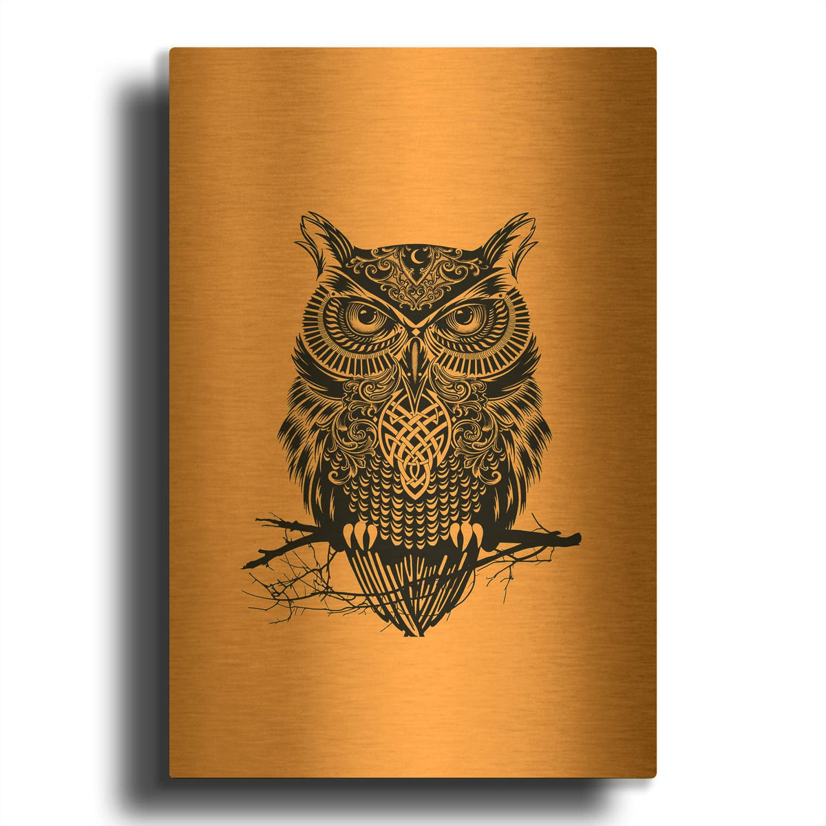 'Warrior Owl On Orange' By Rachel Caldwell Gold Metal Wall Art