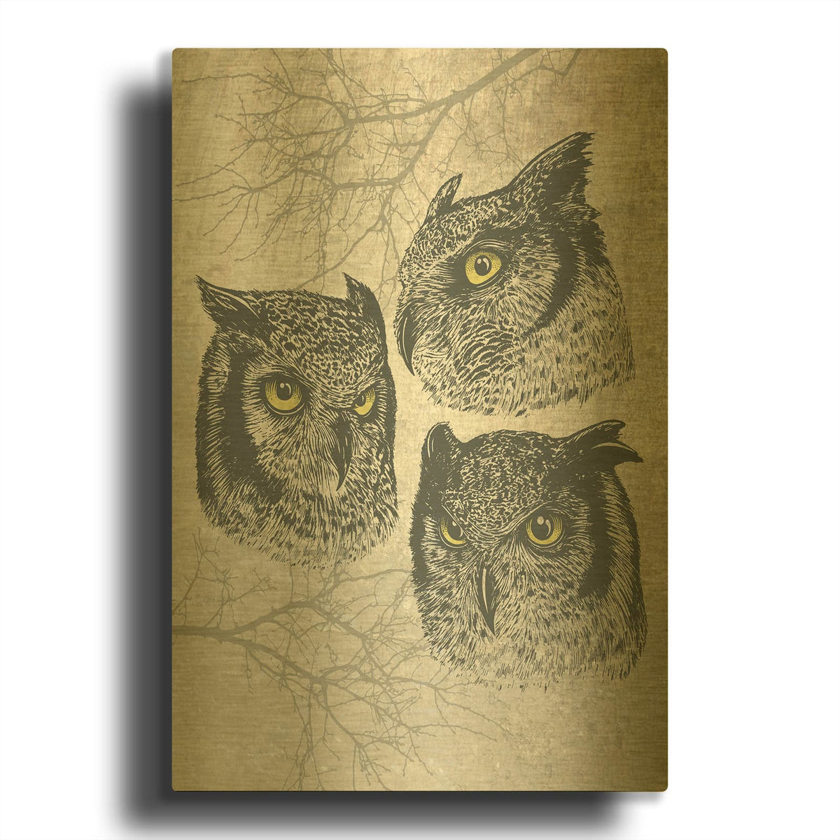 'Three Owls' By Rachel Caldwell Gold Metal Wall Art