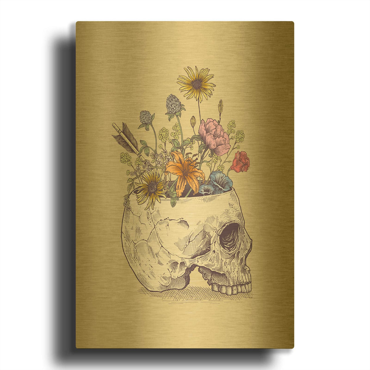 'Half Skull Flowers' By Rachel Caldwell Gold Metal Wall Art