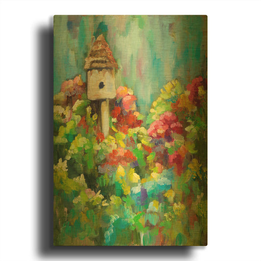 'Spring Birdhouse' By Sarah Davis Gold Metal Wall Art
