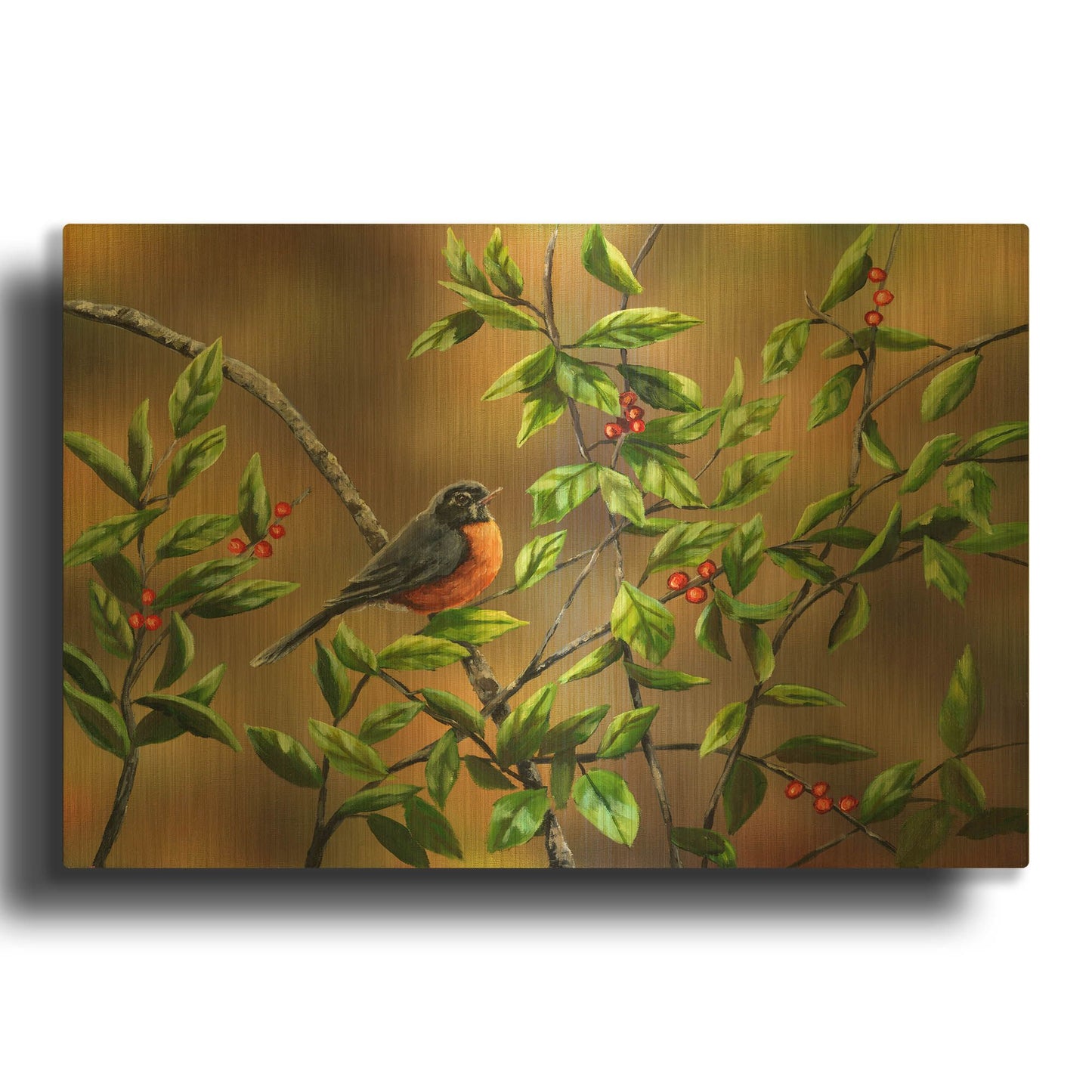 'Robin with Holly' By Sarah Davis Gold Metal Wall Art