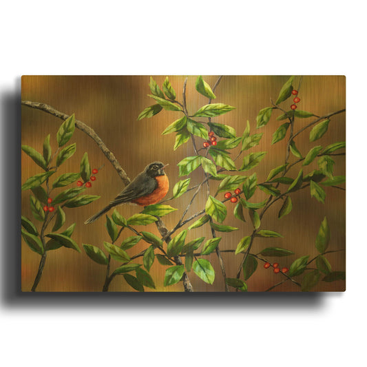 'Robin with Holly' By Sarah Davis Gold Metal Wall Art