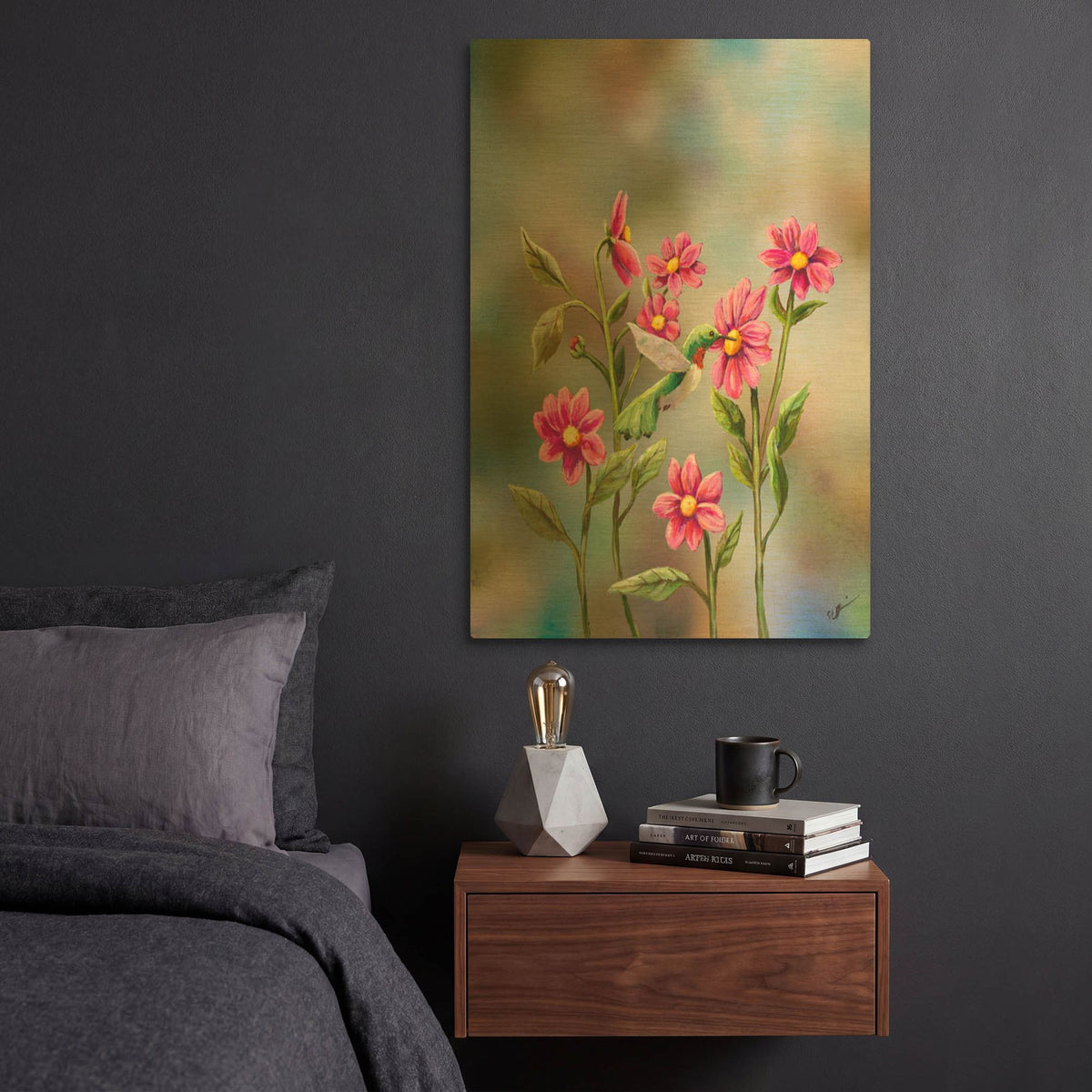 'Hummingbird with Dhalia' By Sarah Davis Gold Metal Wall Art