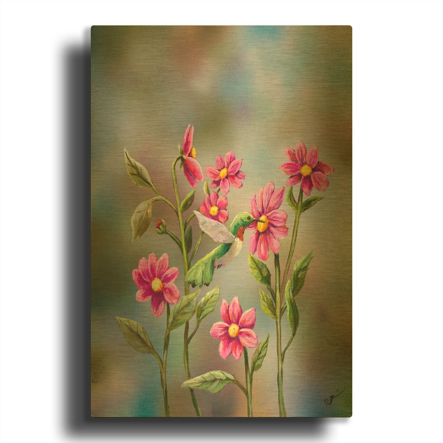 'Hummingbird with Dhalia' By Sarah Davis Gold Metal Wall Art