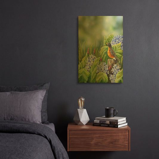 'Robin With Hydrangeas' By Sarah Davis Gold Metal Wall Art