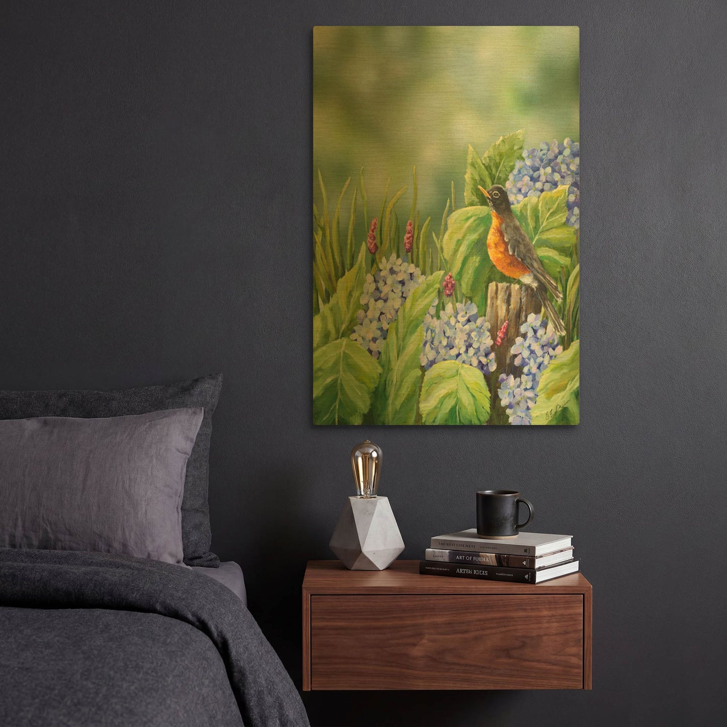 'Robin With Hydrangeas' By Sarah Davis Gold Metal Wall Art