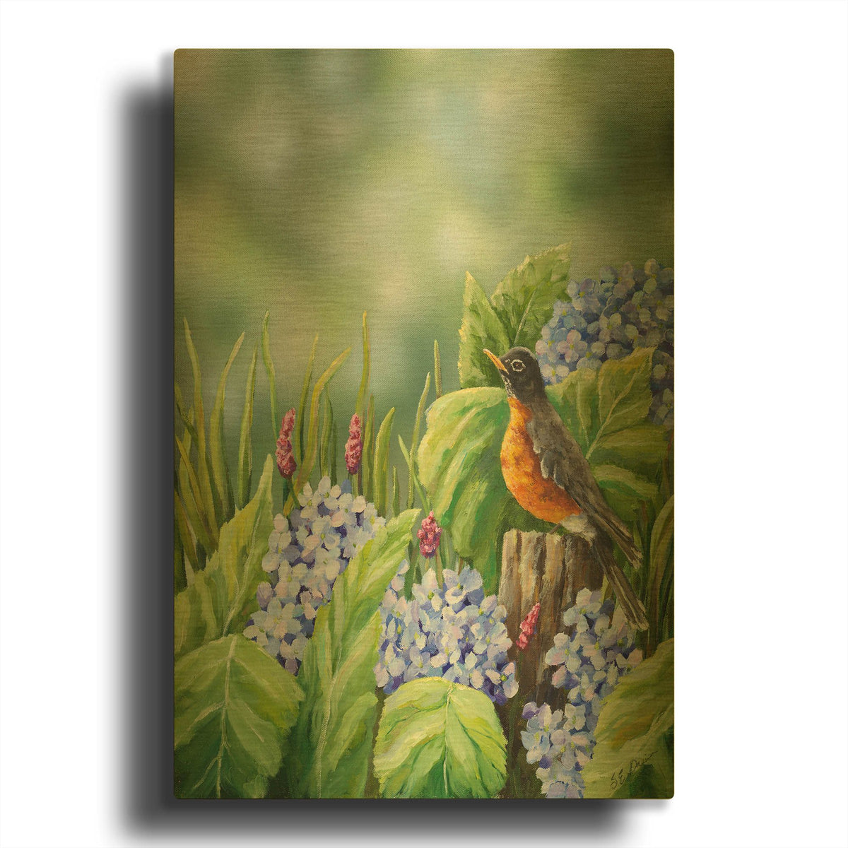 'Robin With Hydrangeas' By Sarah Davis Gold Metal Wall Art