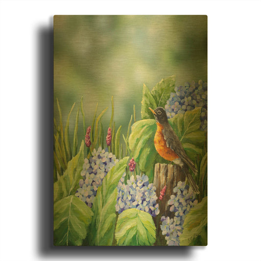 'Robin With Hydrangeas' By Sarah Davis Gold Metal Wall Art