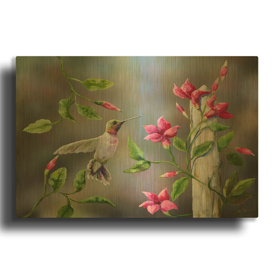 'Hummingbird with Flowers' By Sarah Davis Gold Metal Wall Art