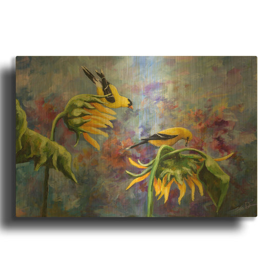 'Finches with Sunflowers' By Sarah Davis Gold Metal Wall Art