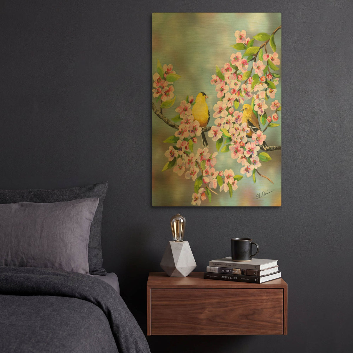 'Finches In Cherry Tree' By Sarah Davis Gold Metal Wall Art