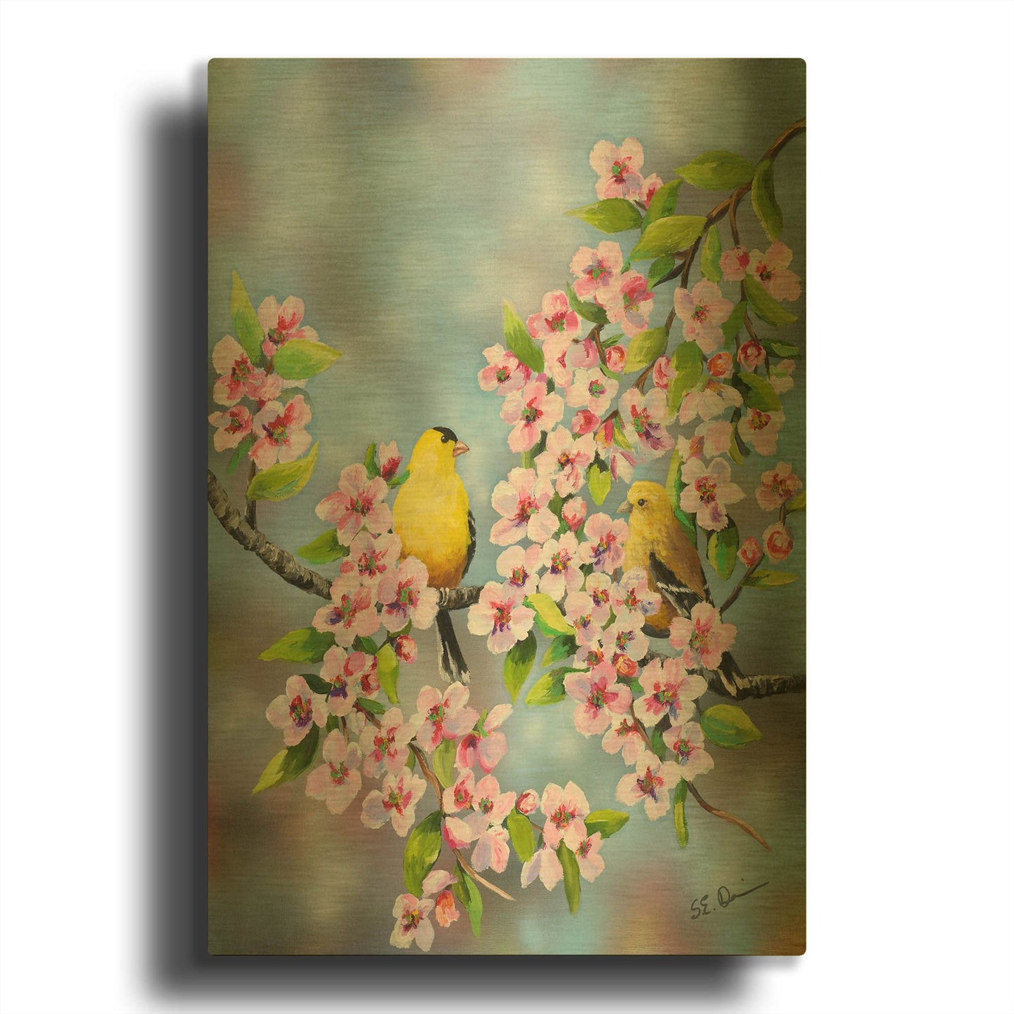 'Finches In Cherry Tree' By Sarah Davis Gold Metal Wall Art
