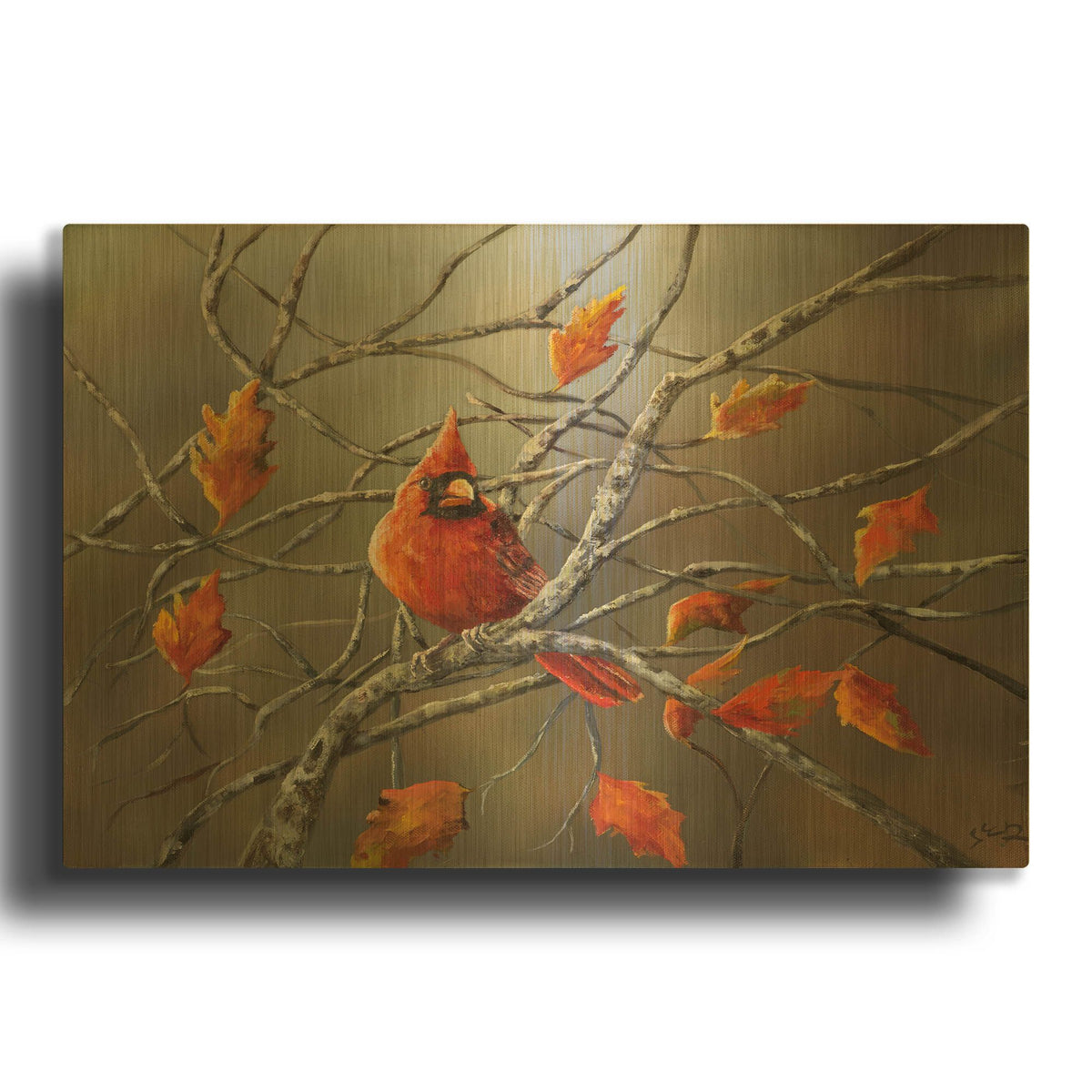 'Fall Cardinal' By Sarah Davis Gold Metal Wall Art