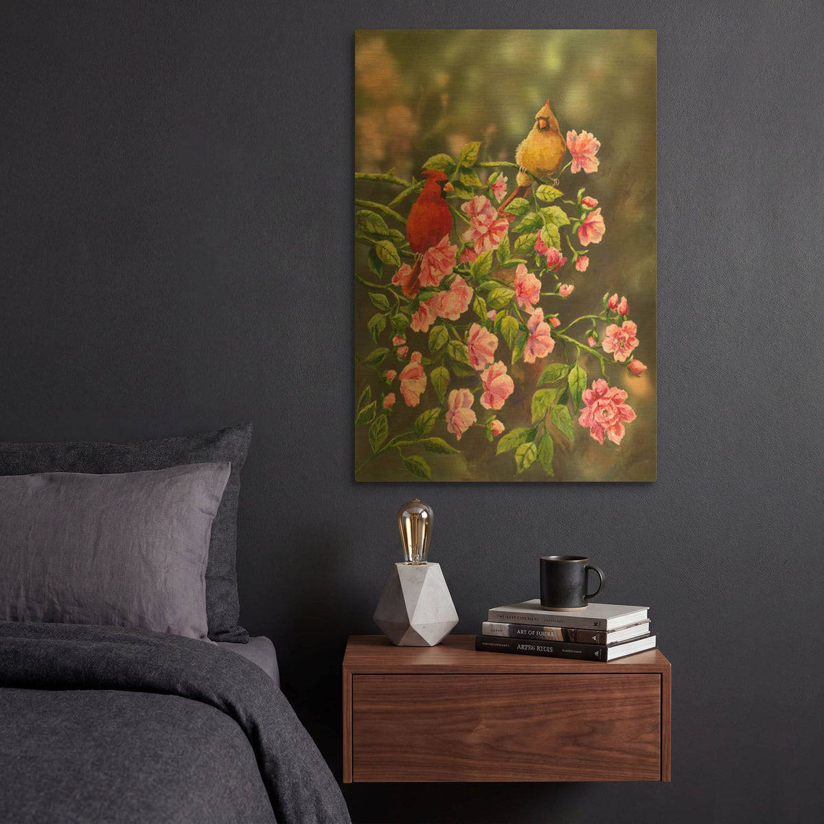 'Cardinals with Roses' By Sarah Davis Gold Metal Wall Art