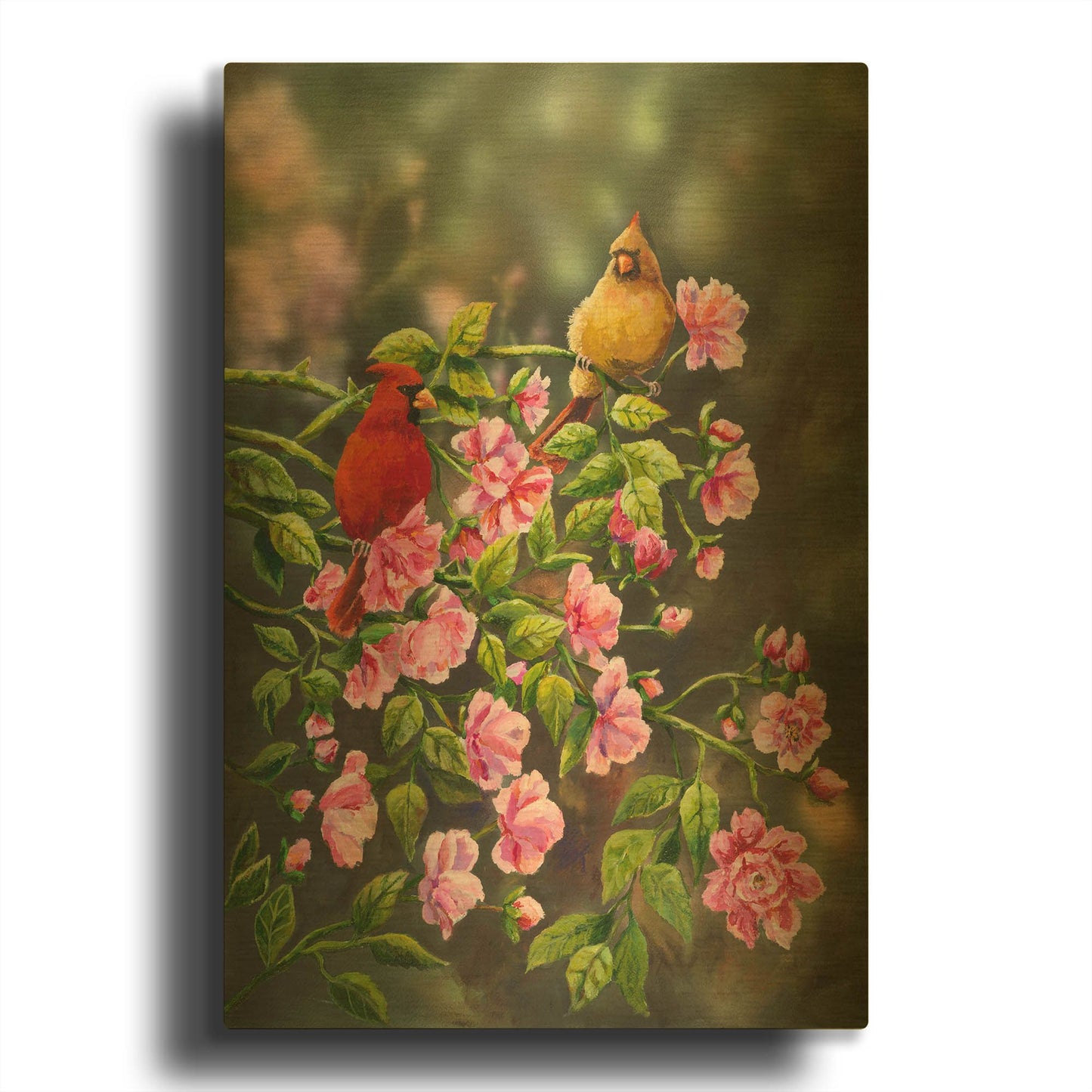 'Cardinals with Roses' By Sarah Davis Gold Metal Wall Art