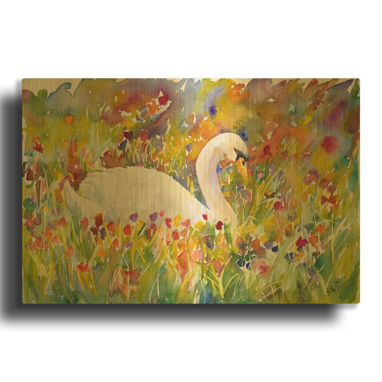 'Colorful Swan' By Sarah Davis Gold Metal Wall Art