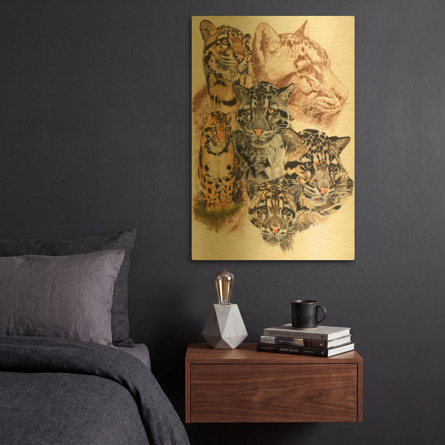 'Clouded Leopard with Ghost Image' By Barbara Keith Gold Metal Wall Art