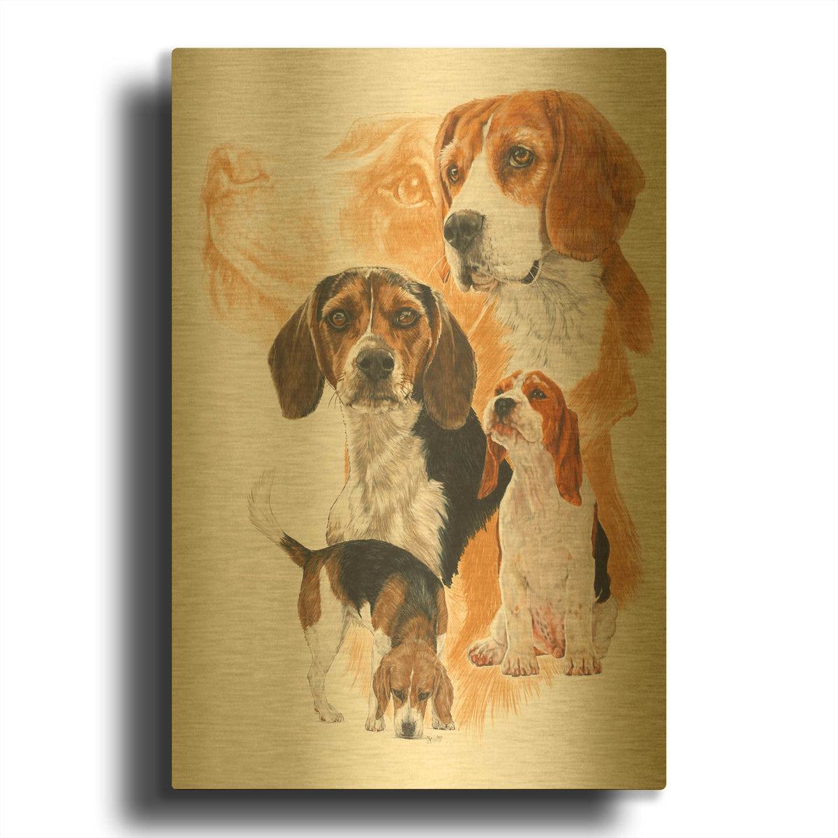 'Beagle and Ghost Image' By Barbara Keith Gold Metal Wall Art