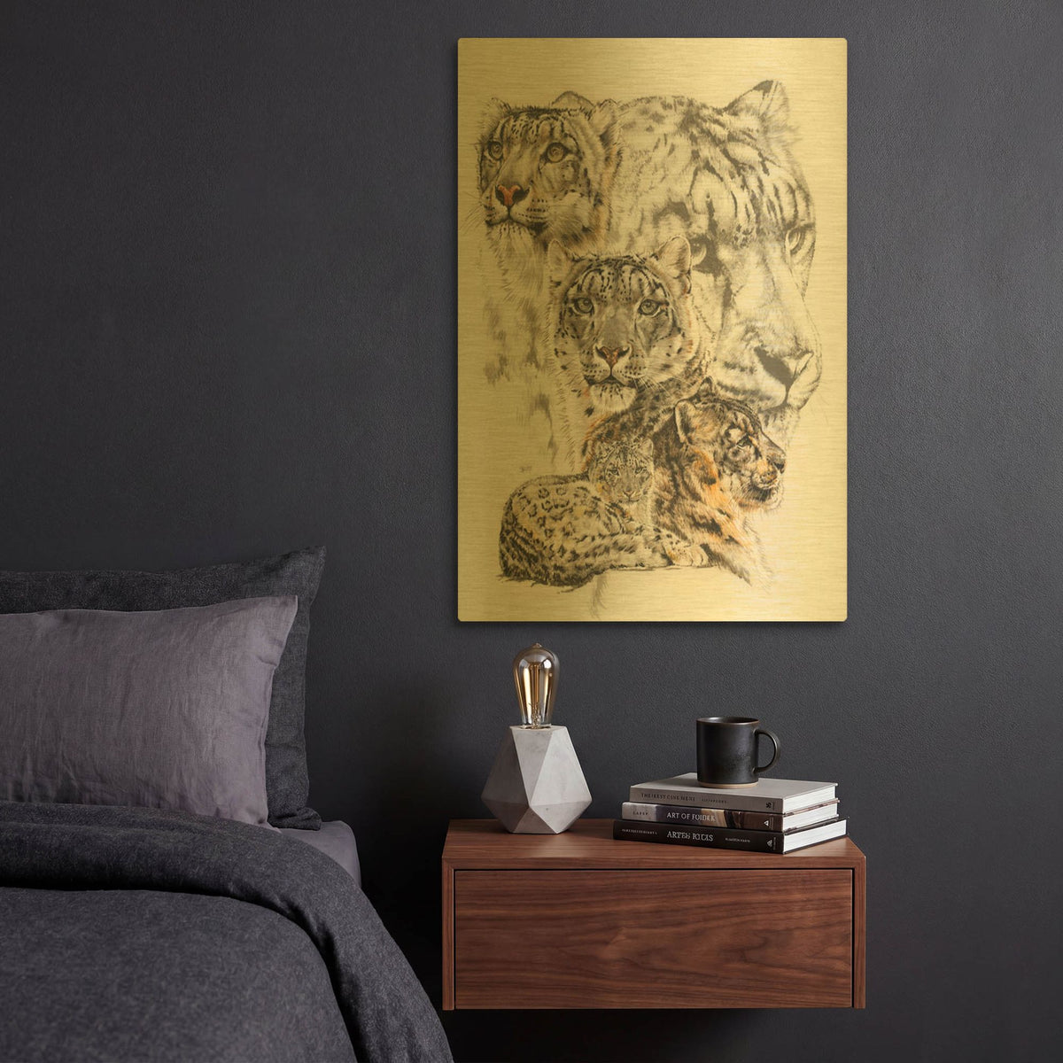 'Snow Leopard and Ghost Image' By Barbara Keith Gold Metal Wall Art