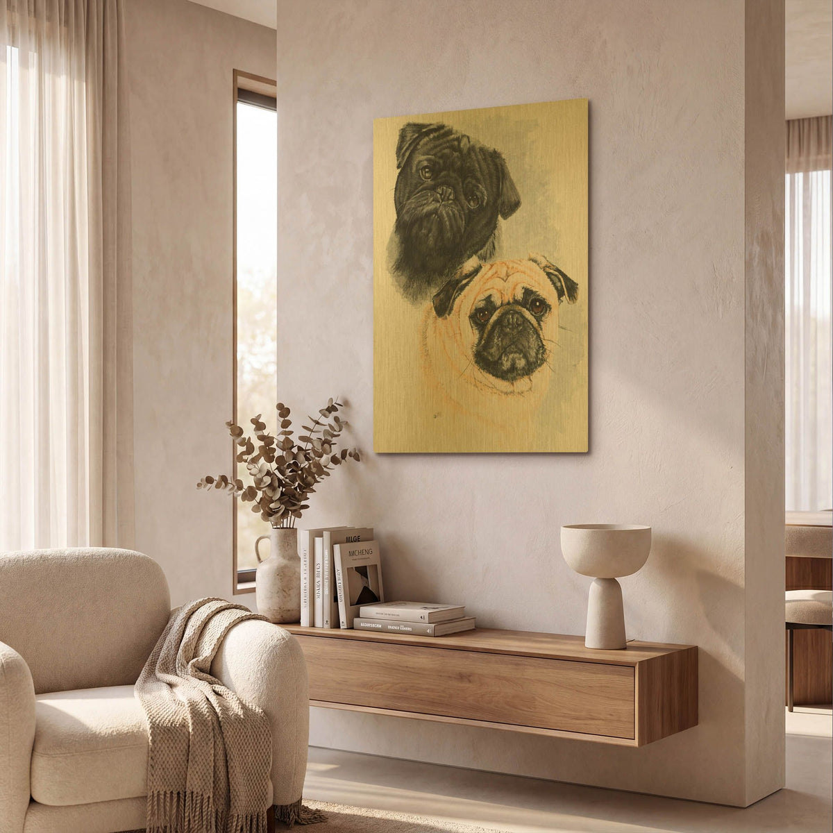 'Pugs' By Barbara Keith Gold Metal Wall Art