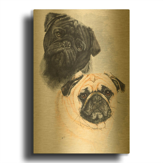 'Pugs' By Barbara Keith Gold Metal Wall Art