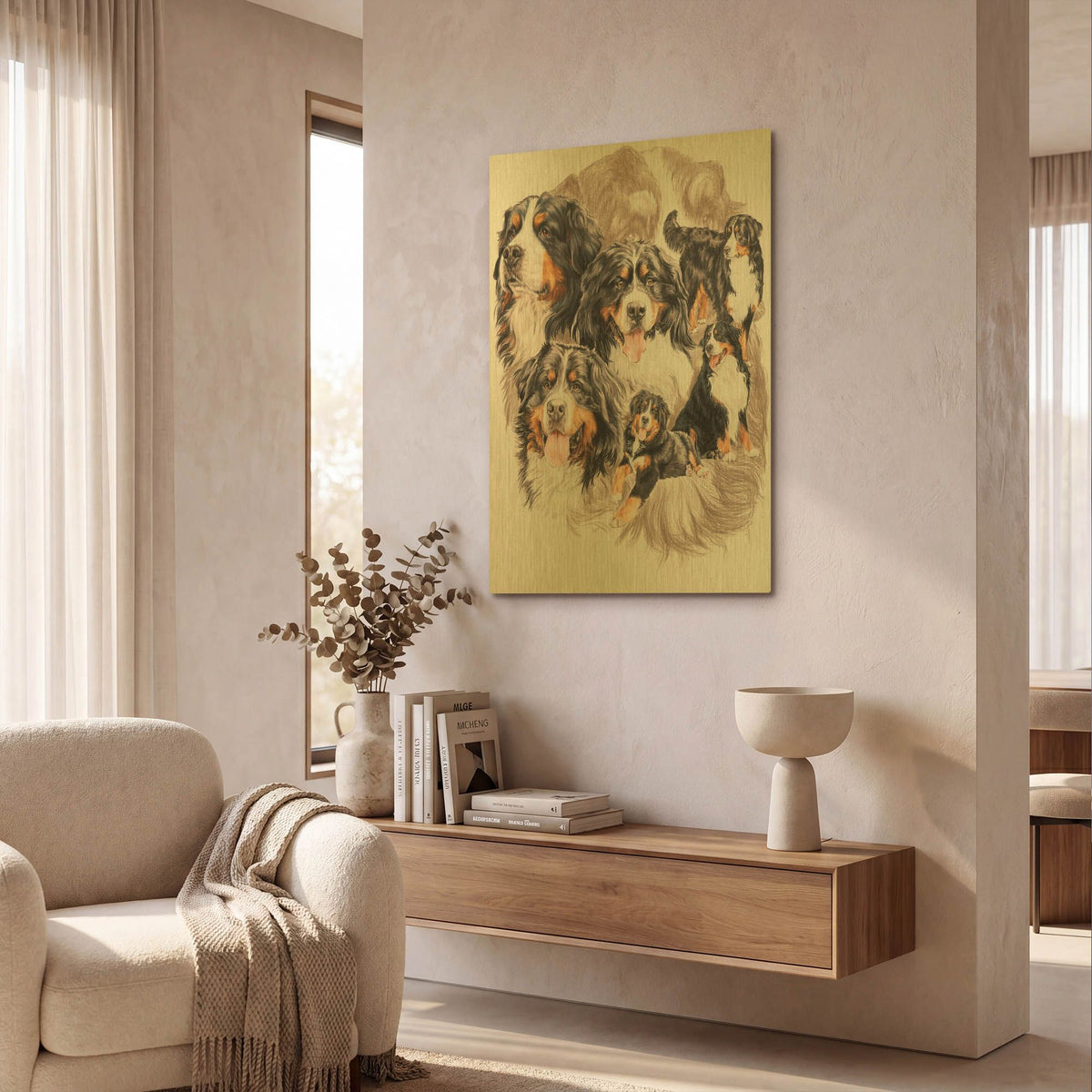 'Bernese Mountain Dog with Ghost' By Barbara Keith Gold Metal Wall Art