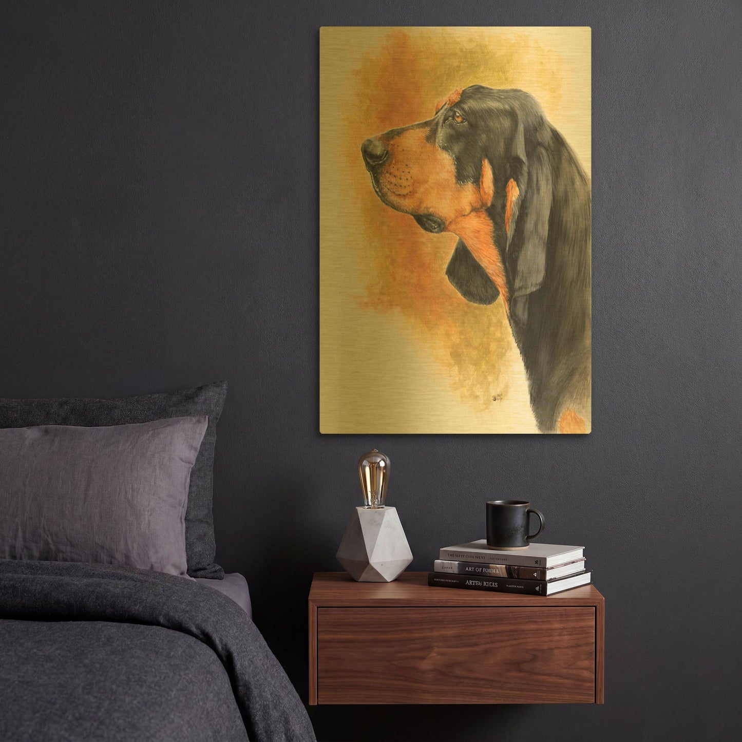 'Black and Tan CoonHound' By Barbara Keith Gold Metal Wall Art