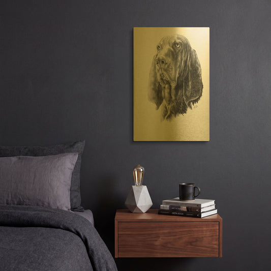 'B and T Coonhound' By Barbara Keith Gold Metal Wall Art