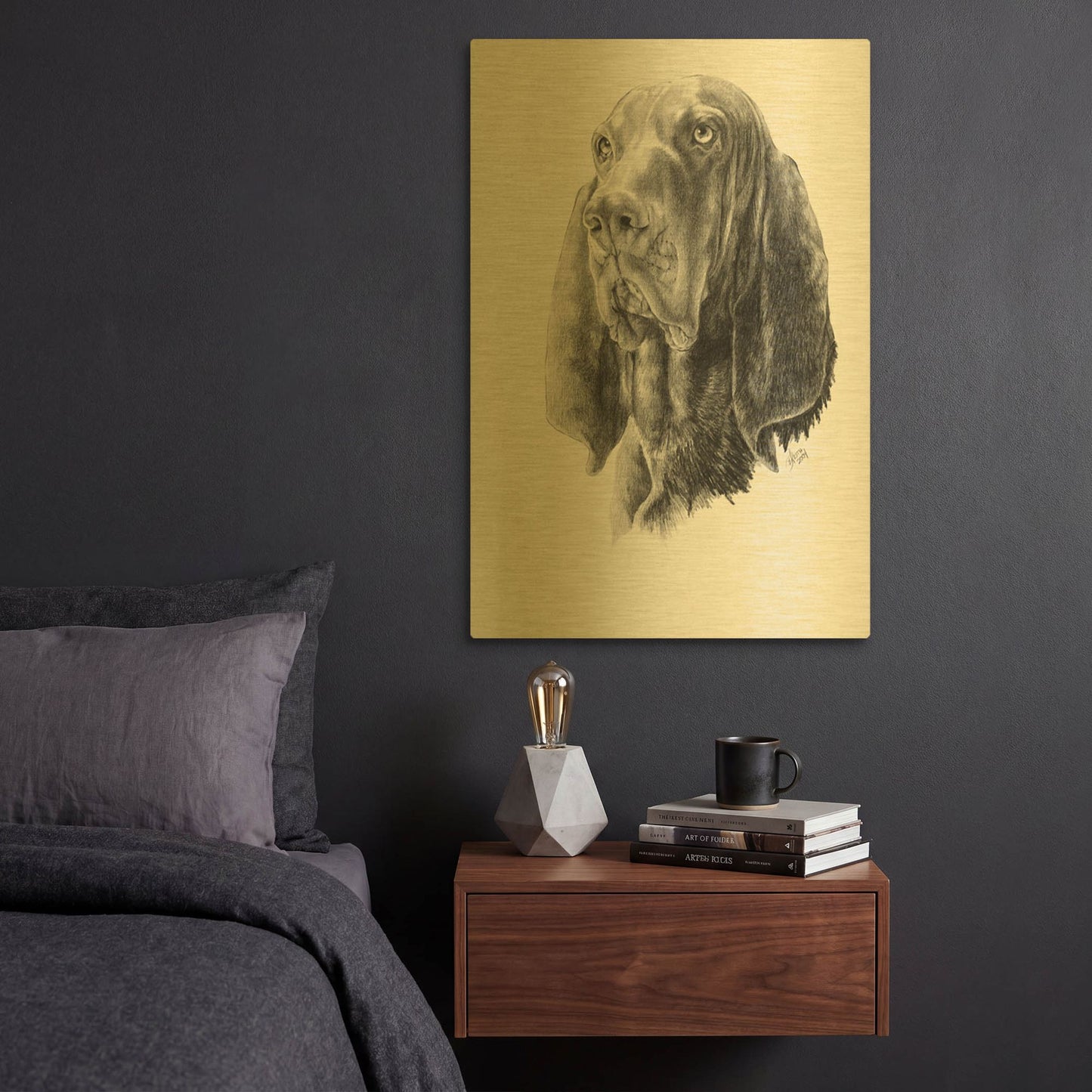 'B and T Coonhound' By Barbara Keith Gold Metal Wall Art