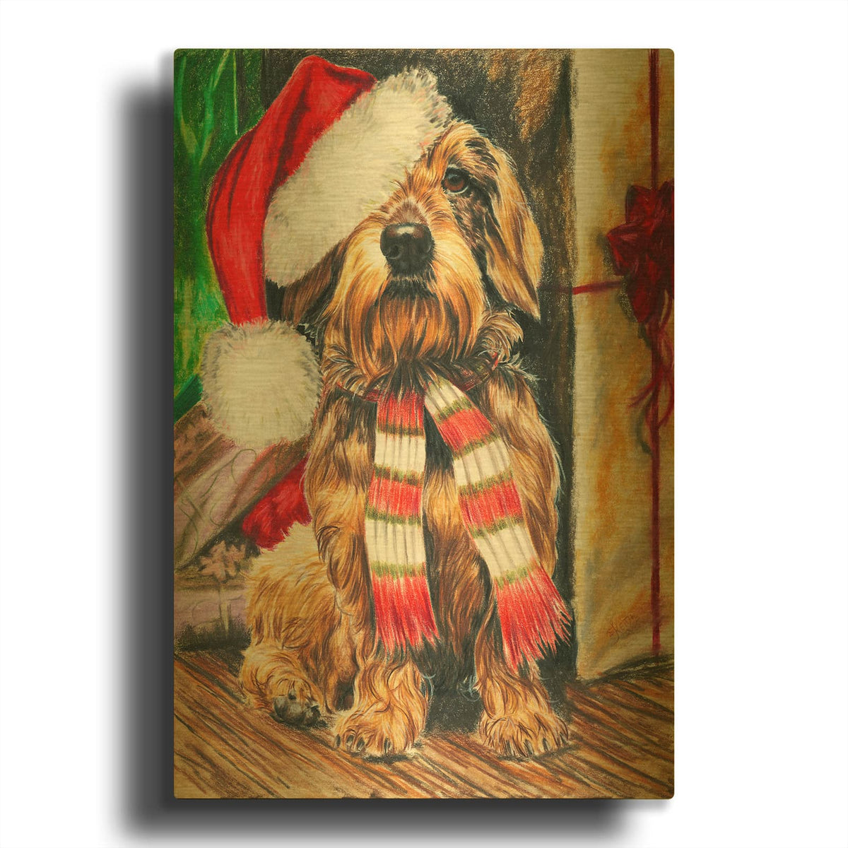 'Dachsund Santa Hat' By Barbara Keith Gold Metal Wall Art