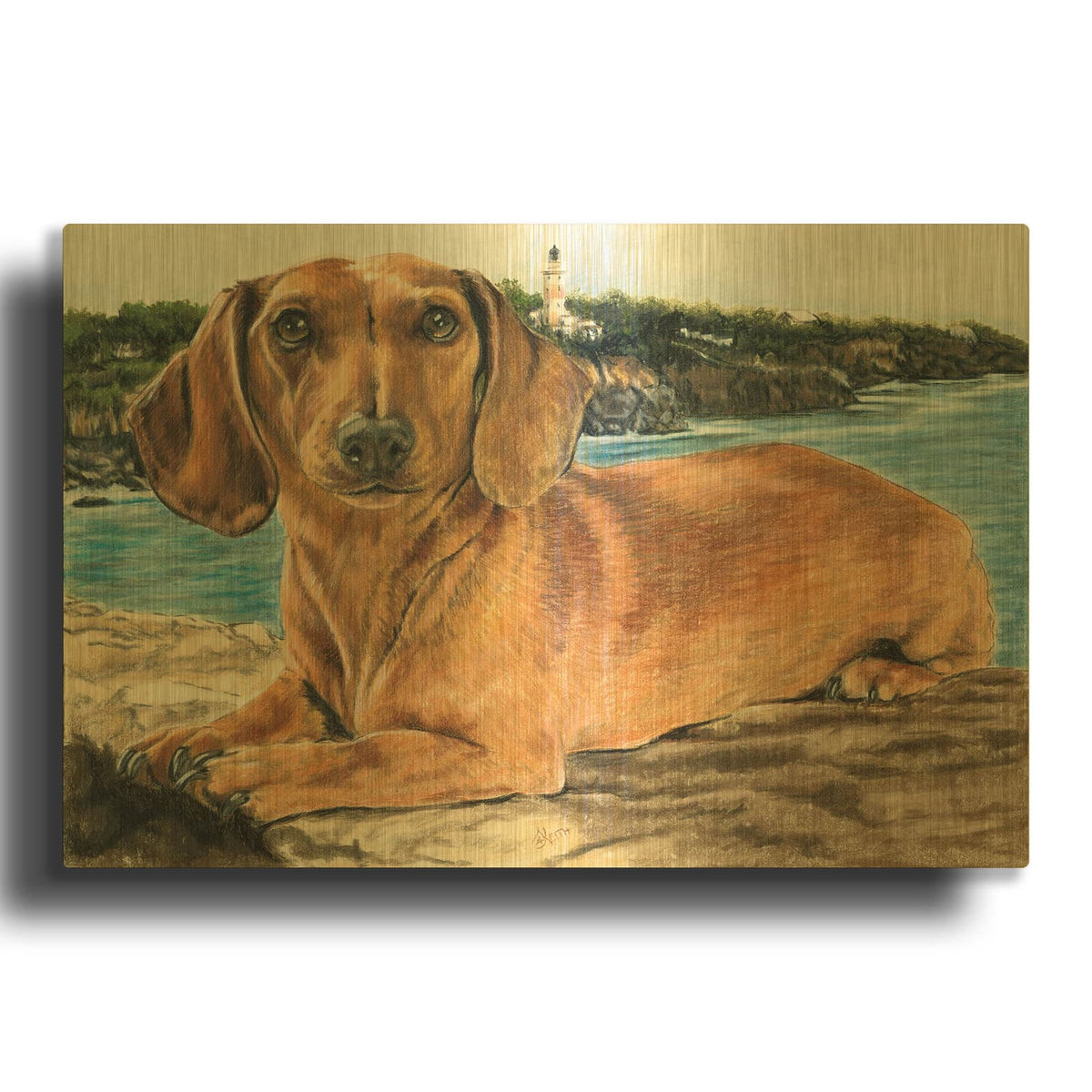 'Dachshund In The Bay' By Barbara Keith Gold Metal Wall Art