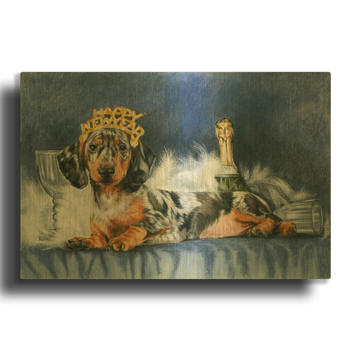 'Happy New Year With Party Hat' By Barbara Keith Gold Metal Wall Art