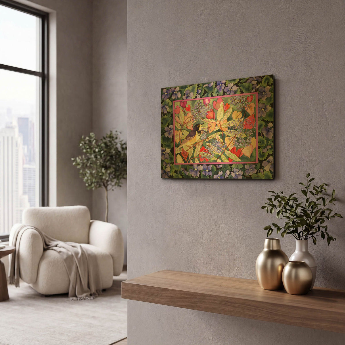 'Bird with Elderberries' By Carissa Luminess Gold Metal Wall Art