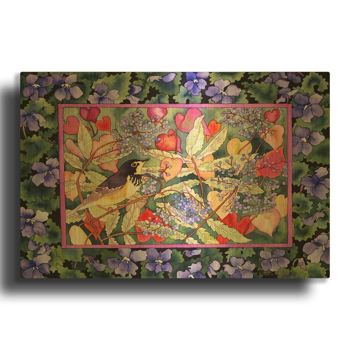 'Bird with Elderberries' By Carissa Luminess Gold Metal Wall Art