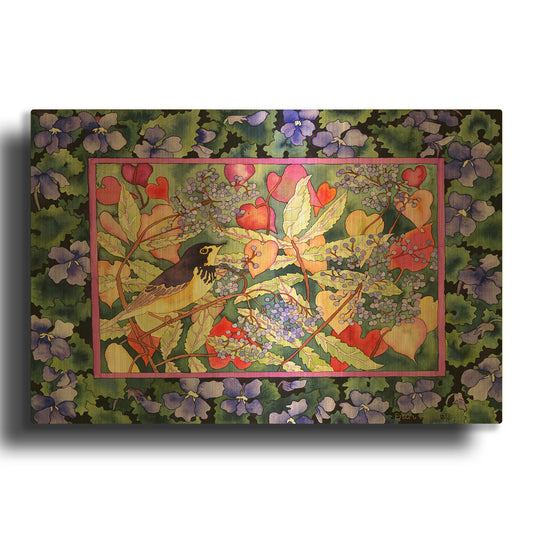 'Bird with Elderberries' By Carissa Luminess Gold Metal Wall Art