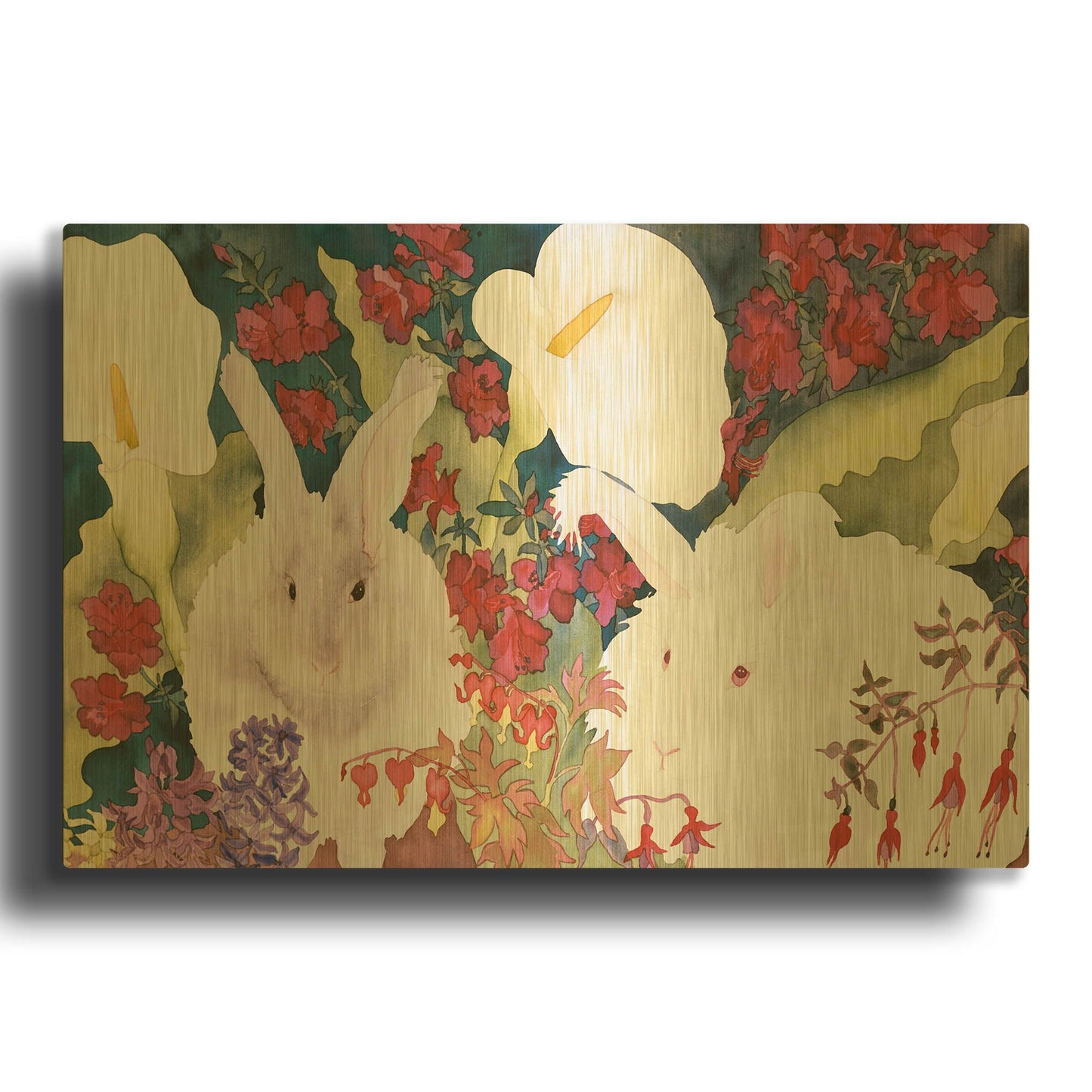 'Bunnies with Callas' By Carissa Luminess Gold Metal Wall Art