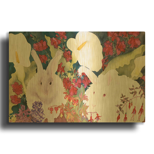 'Bunnies with Callas' By Carissa Luminess Gold Metal Wall Art